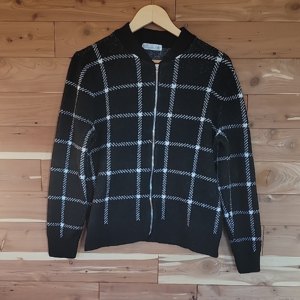 89th + Madison Black and White Zip-Up Sweater, Size L, Soft, Knit